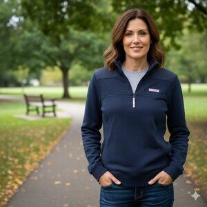 Vineyard Vines Polo Sweater Women S Navy LS 1/4 Zip Mock Neck Cotton Preppy Boho